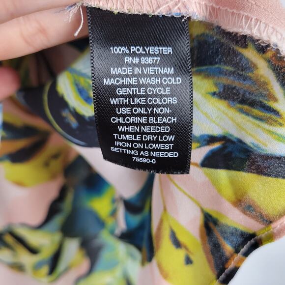 Worthington split neck roll tab sleeve popover tunic top sz 4X pink green leaves - Picture 6 of 7